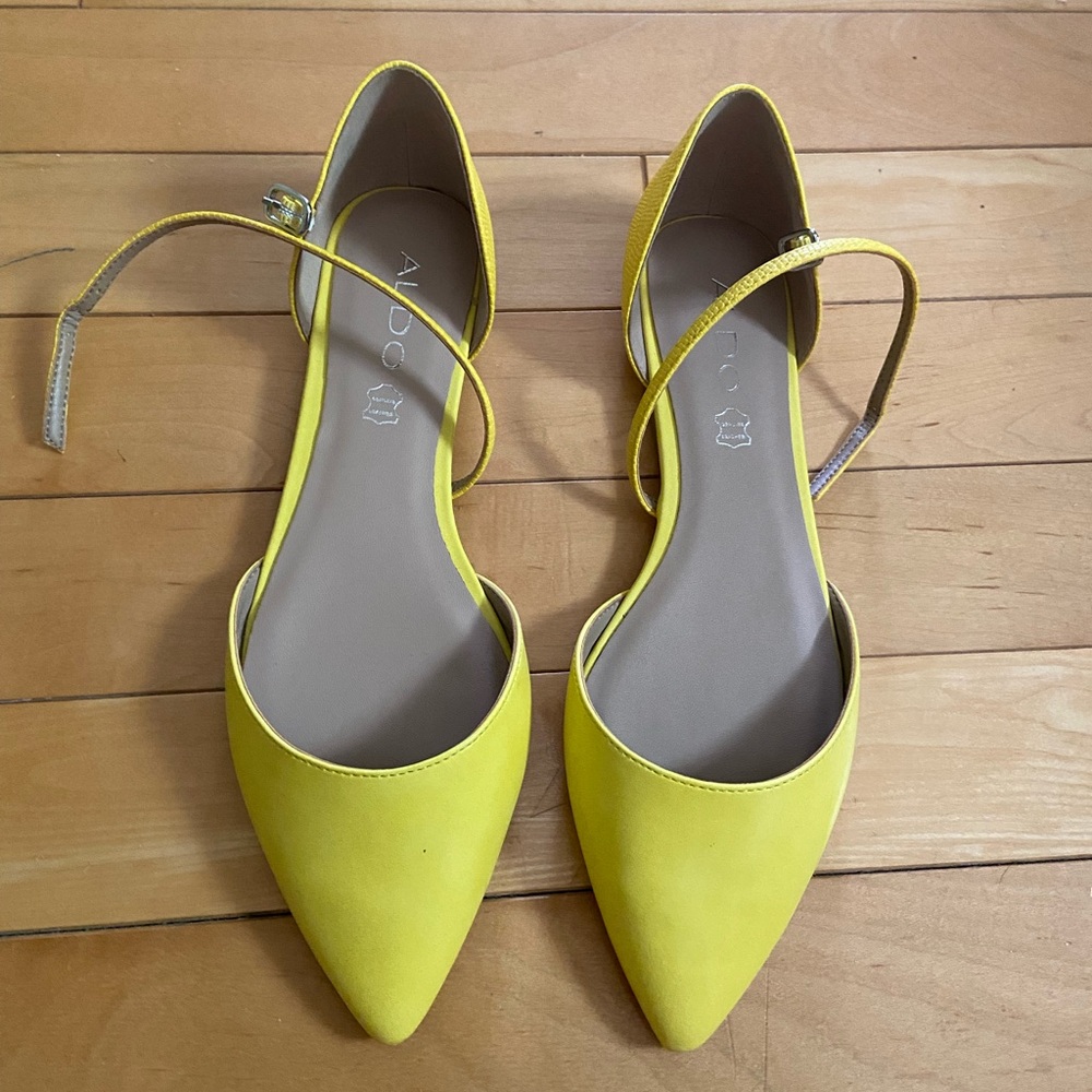 Aldo Yellow Flats with Ankle Strap and Pointed Toe